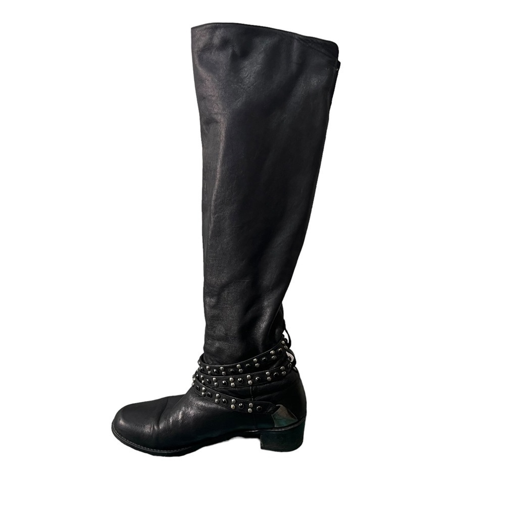 Stuart Weitzman Moto Over Knee Boot Black Leather Stud Ankle Wrap Belt Size 8